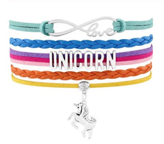 Colorful Multi-Strand Leather Unicorn Charm Bracelet – Adjustable Fantasy Jewelry [ABR024]