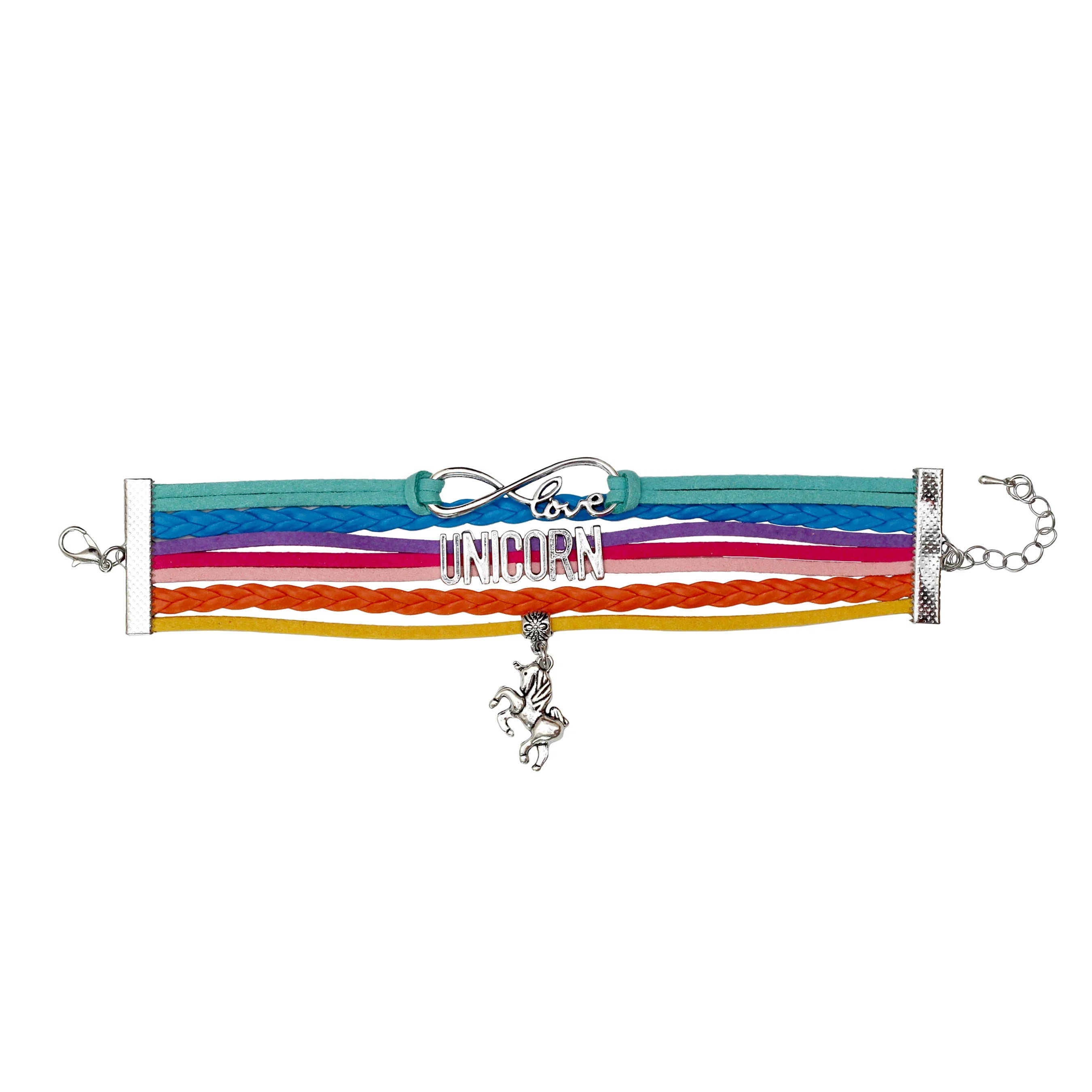 Colorful Multi-Strand Leather Unicorn Charm Bracelet – Adjustable Fantasy Jewelry [ABR024]