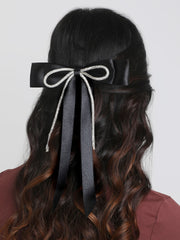 Satin Silk Ribbon Long Tail Hair Bow With Rhinestone Cord