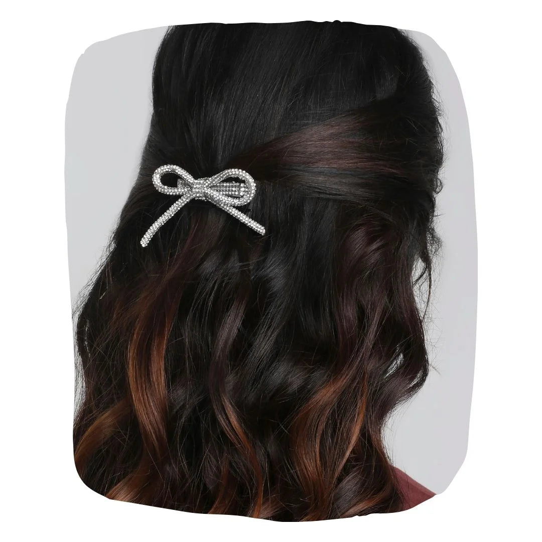 Pair of Silver Rhinestone Bow Hair Pins - Large [ABW072--L]