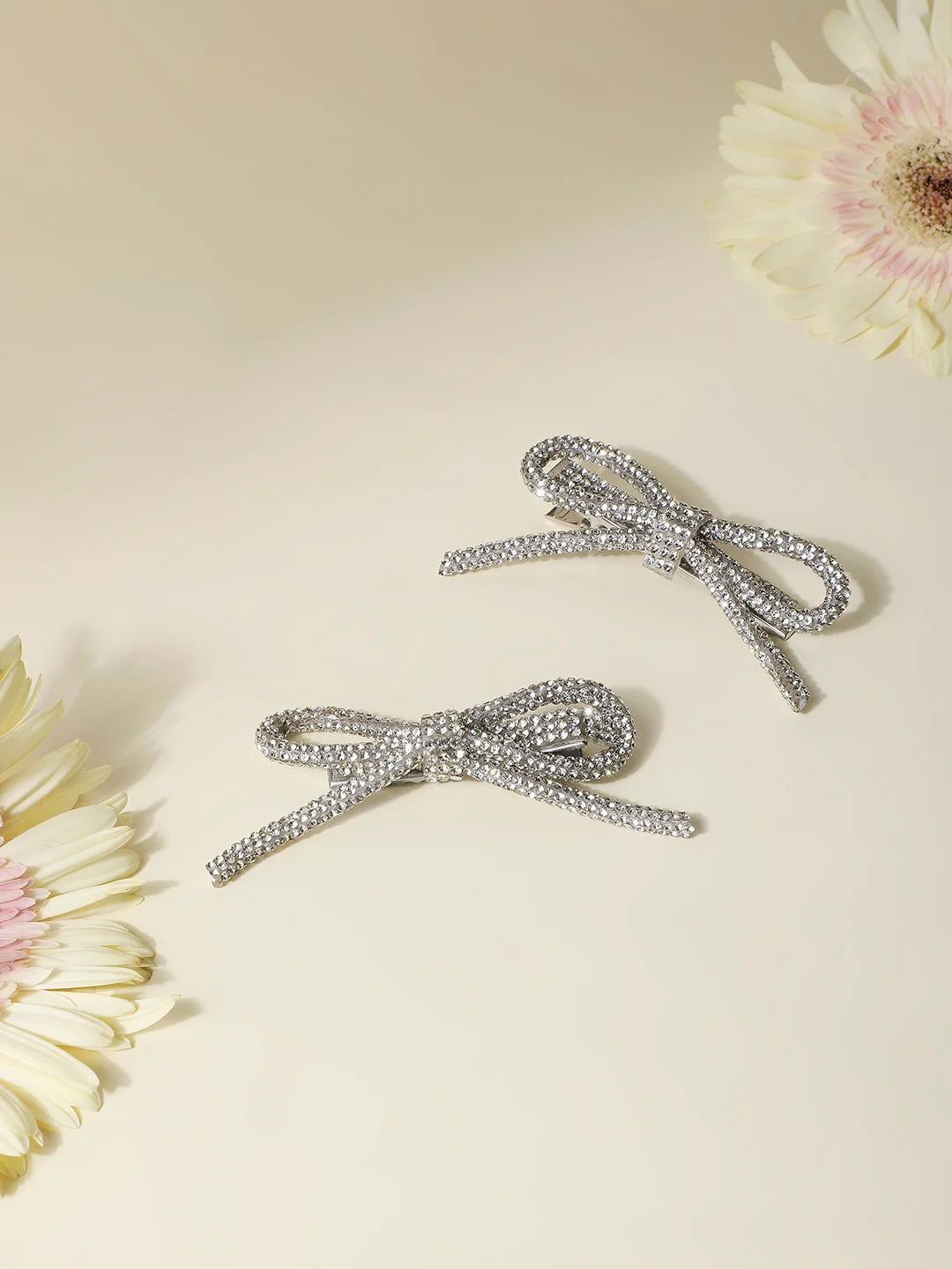 Pair of Silver Rhinestone Bow Hair Pins - Large [ABW072--L]