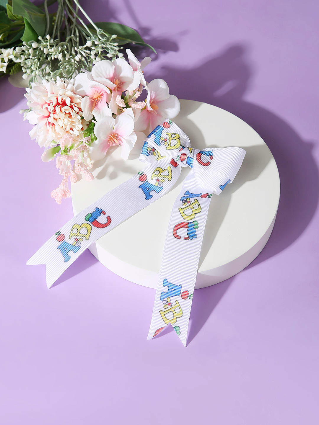 Grosgrain Ribbon ABC Printed Long Tail Hair Bow in White