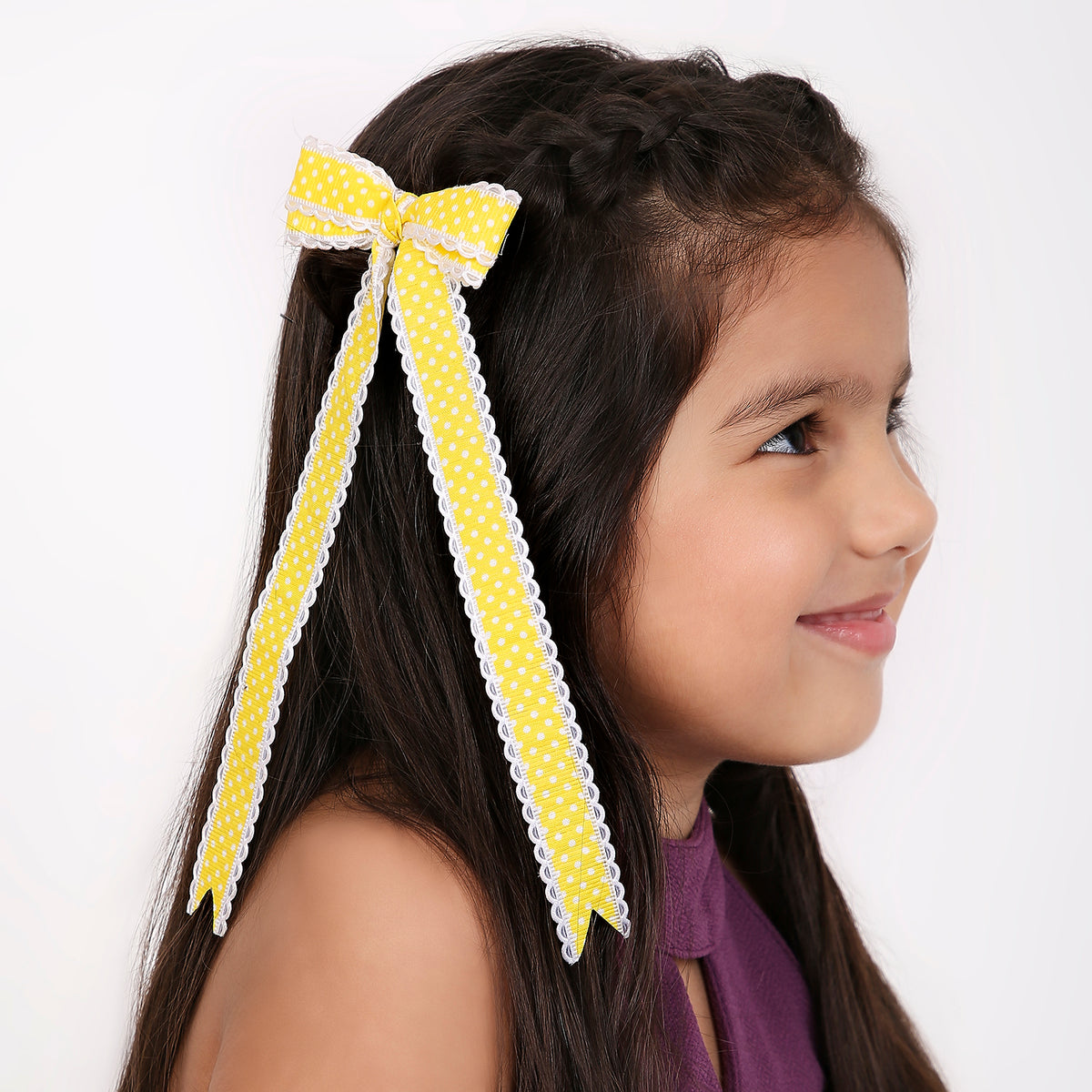 Grosgrain Ribbon Polka Dots Printed Long Tail Hair Bow in Yellow