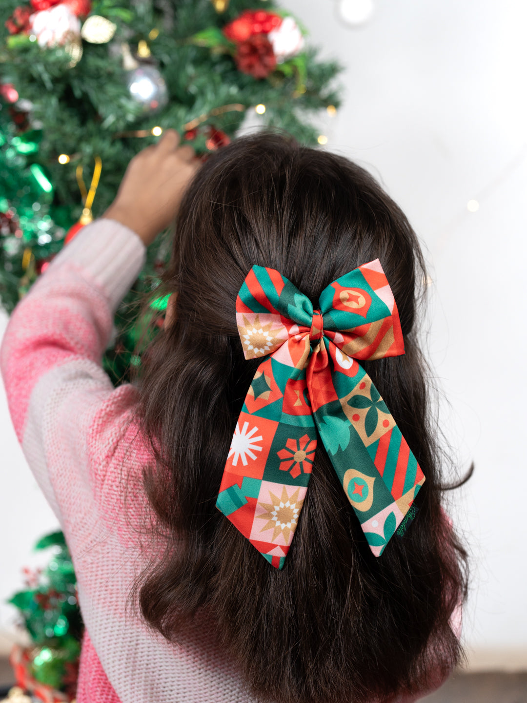 Christmas Geometric Theme Red Pigtail Hair Bow [ABW094]