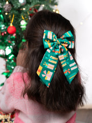 Christmas Gift Print Green Pigtail Hair Bow [ABW095]