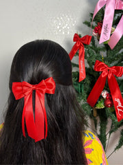 Christmas Satin Silk Ribbon Long Tail Double Bow in Red for Girls [ABW099--S]