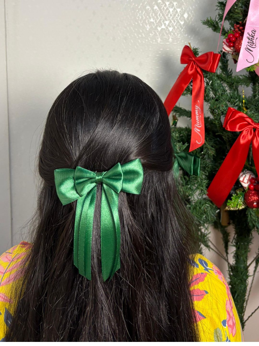 Christmas Satin Silk Ribbon Long Tail Double Bow in Green for Girls [ABW100--S]