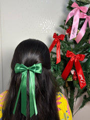 Christmas Satin Silk Ribbon Long Tail Double Bow in Green for Women [ABW100--L]