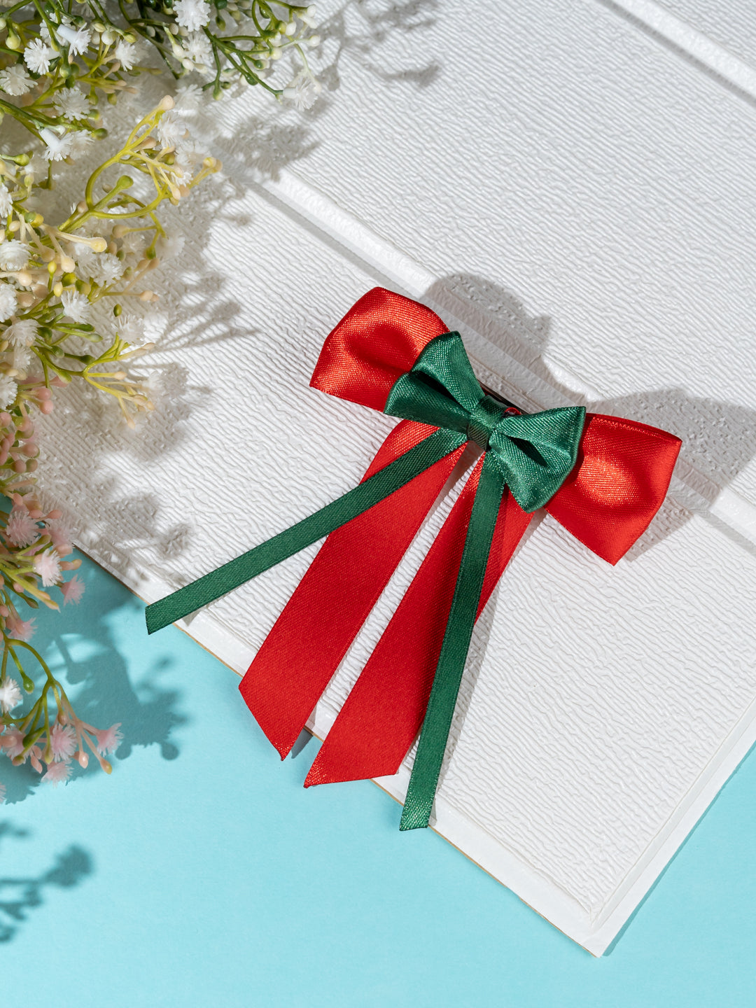 Christmas Satin Silk Long Tail Double Bow in Red and Green [ABW101]