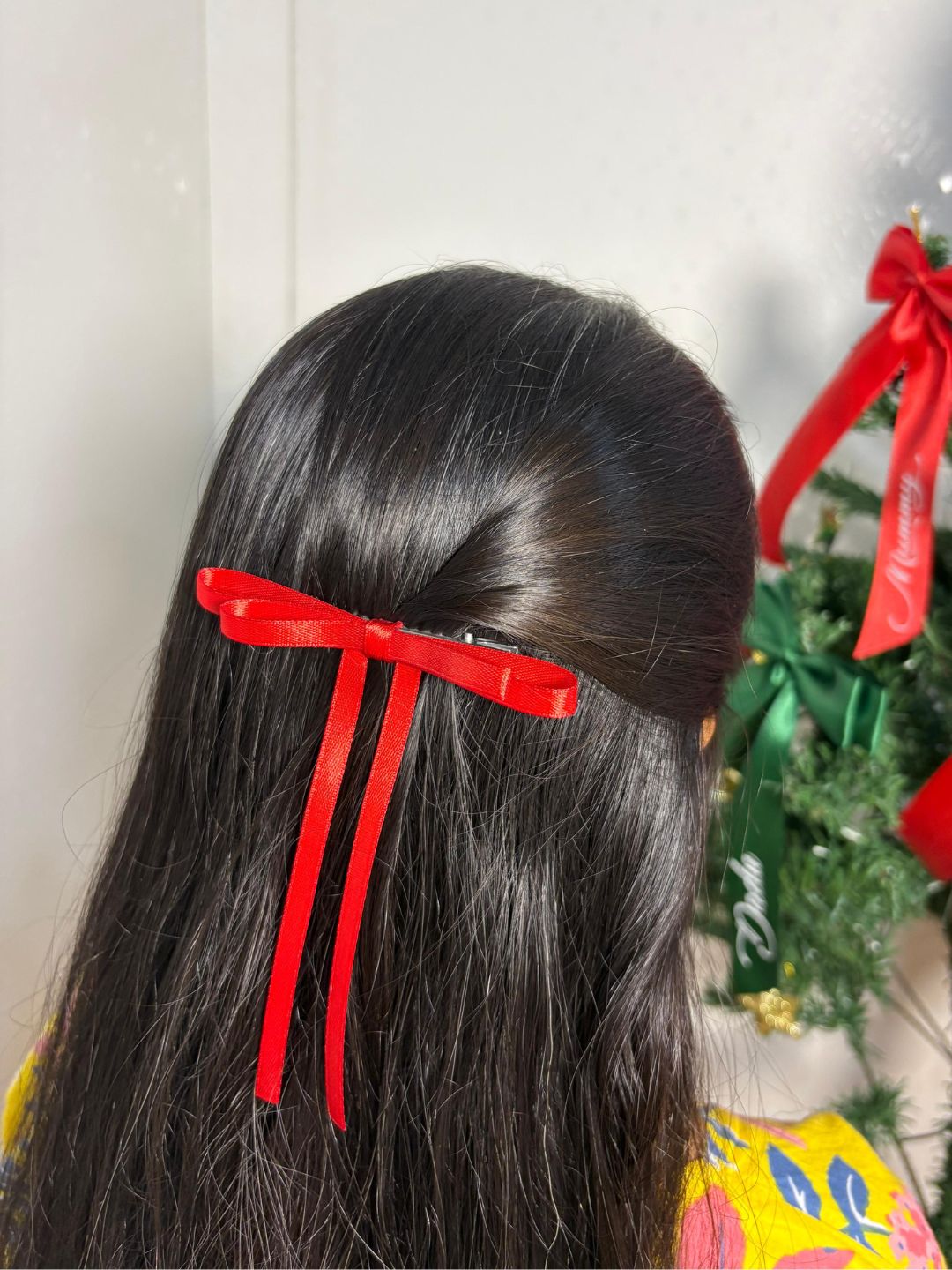 Christmas Satin Silk Ribbon Long Tail Petite Hair Bow in Red for Girls [ABW102]