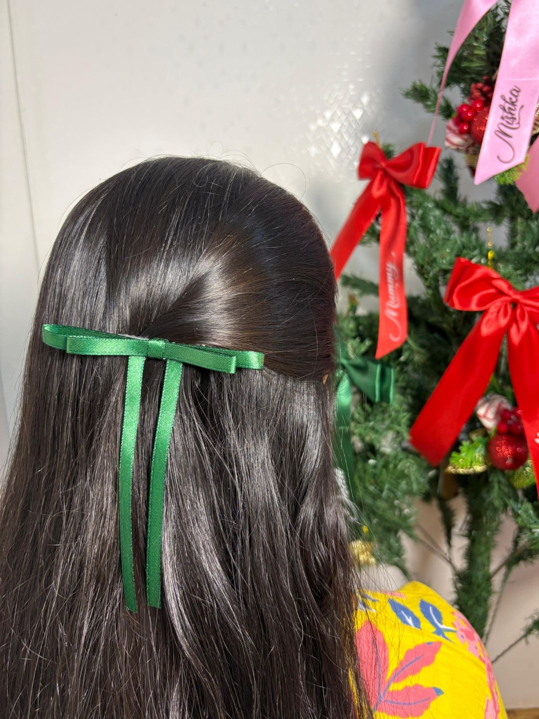 Christmas Satin Silk Ribbon Long Tail Petite Hair Bow in Green for Girls [ABW103]