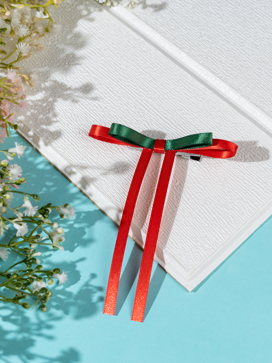 Christmas Satin Silk Ribbon Long Tail Petite Hair Bow in Red & Green for Girls [ABW104]