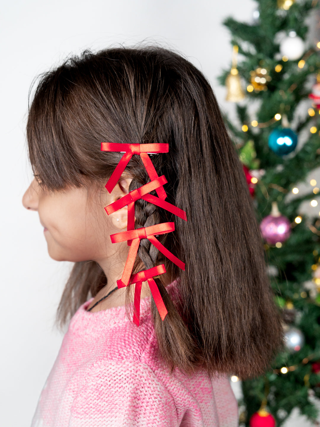 Christmas Combo of 4 Satin Silk Mini Hairpin Bow In Red For Girls [ABW105]