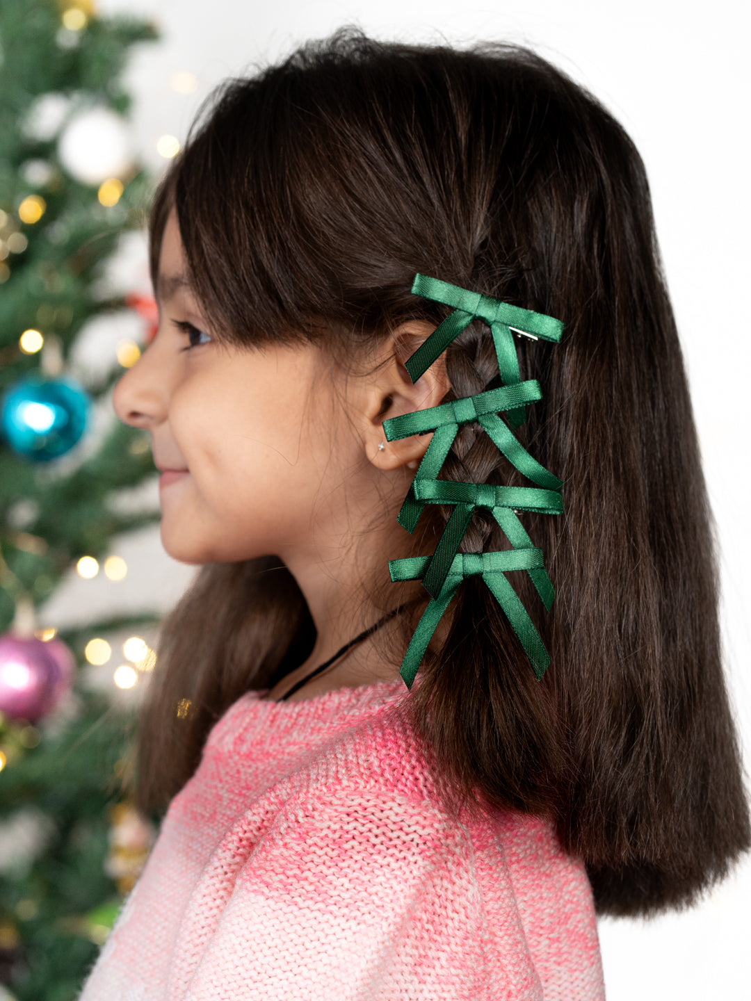 Christmas Combo of 4 Satin Silk Mini Hairpin Bow In Green For Girls [ABW106]