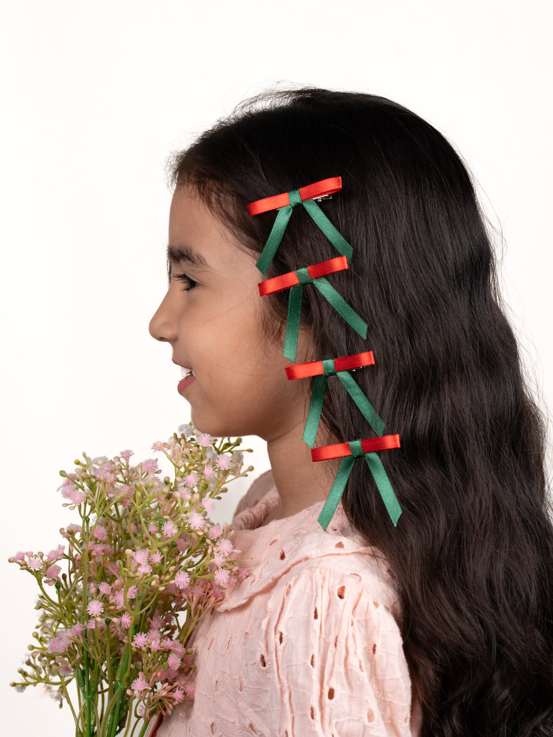 Christmas Combo of 4 Satin Silk Mini Hairpin Bow In Red & Green For Girls [ABW107]