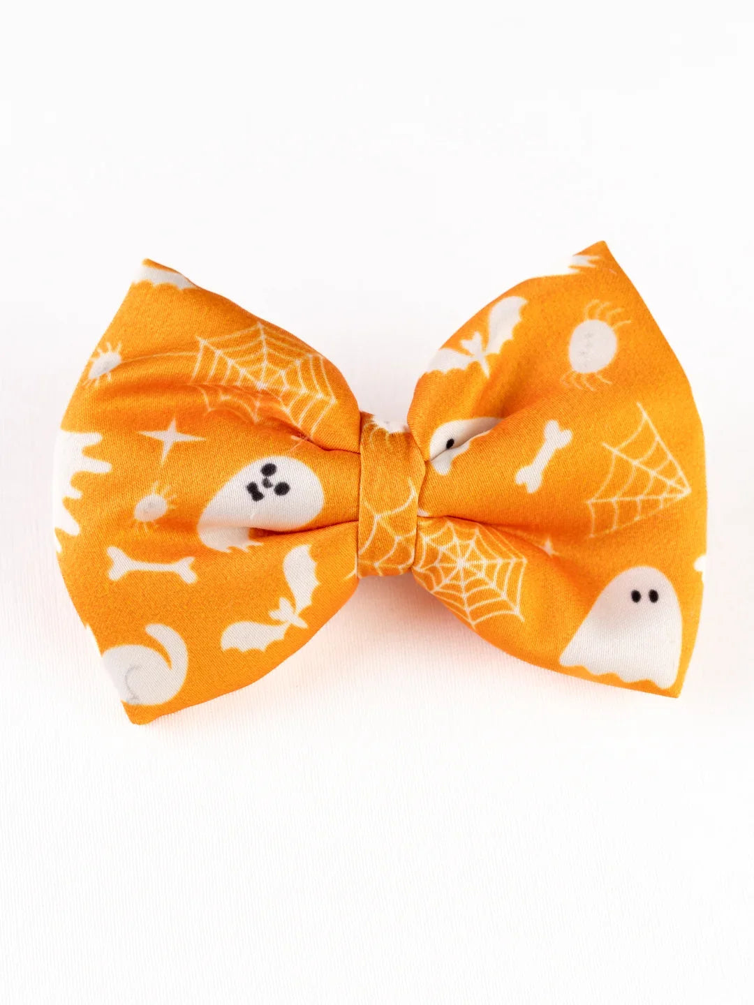 Front view of Orange Halloween Hair Bow with white ghost and web designs