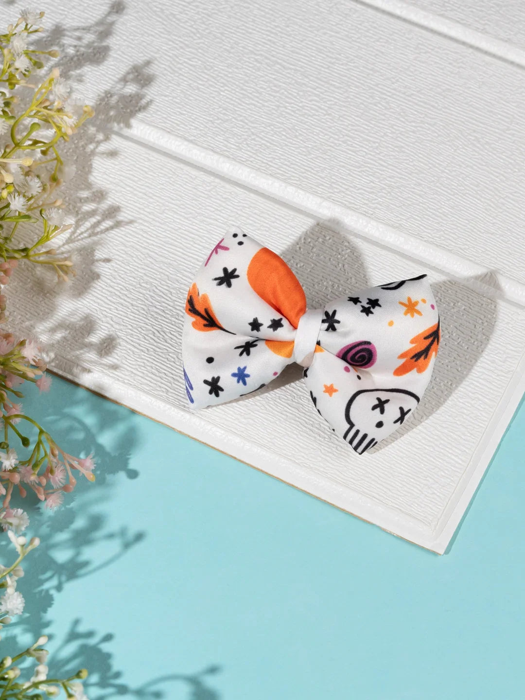 White Halloween Hair Bow with colourful spooky print