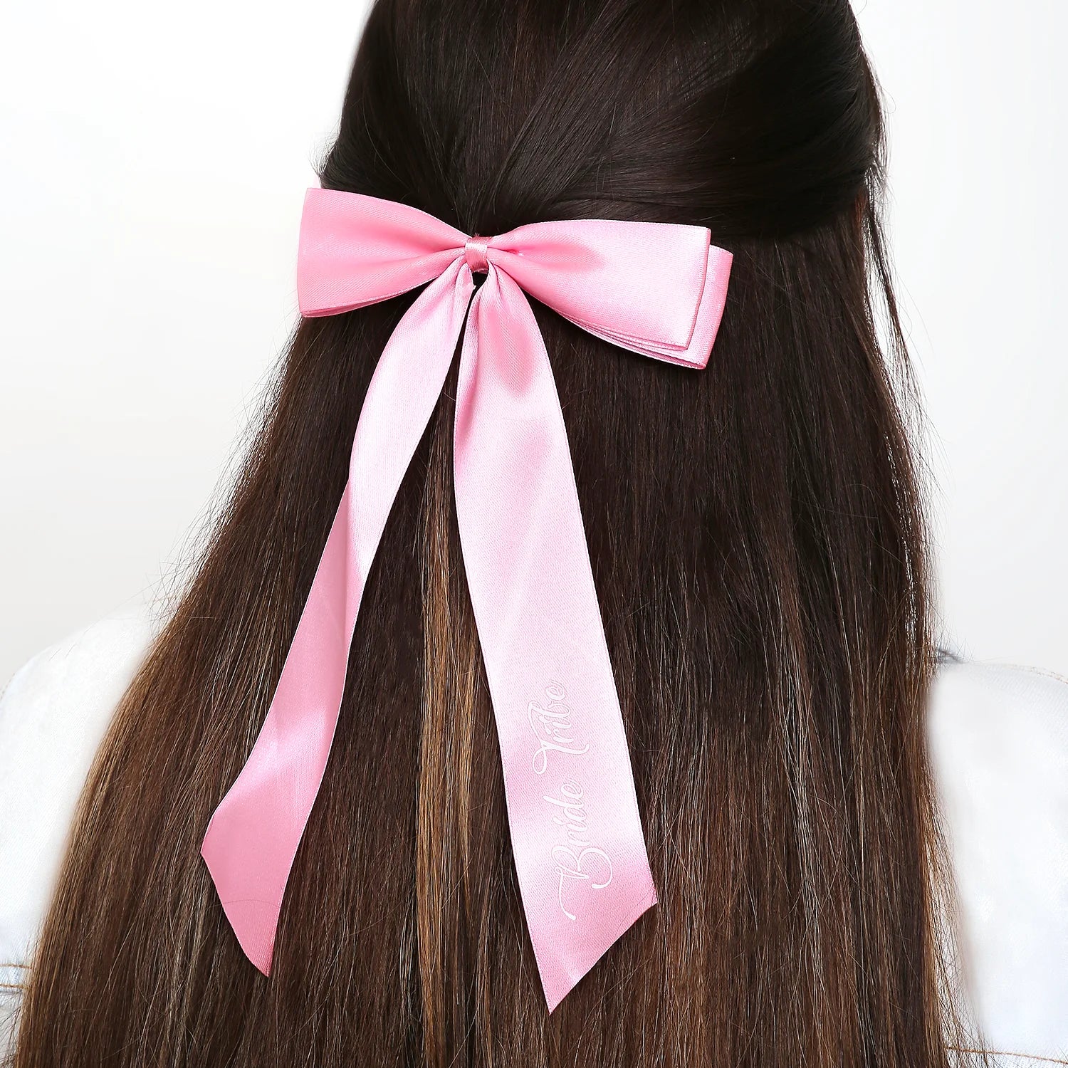 Satin Silk Long Tail BRIDE TRIBE Hair Bow | Wedding Printed Bows | Bridesmaid Bows