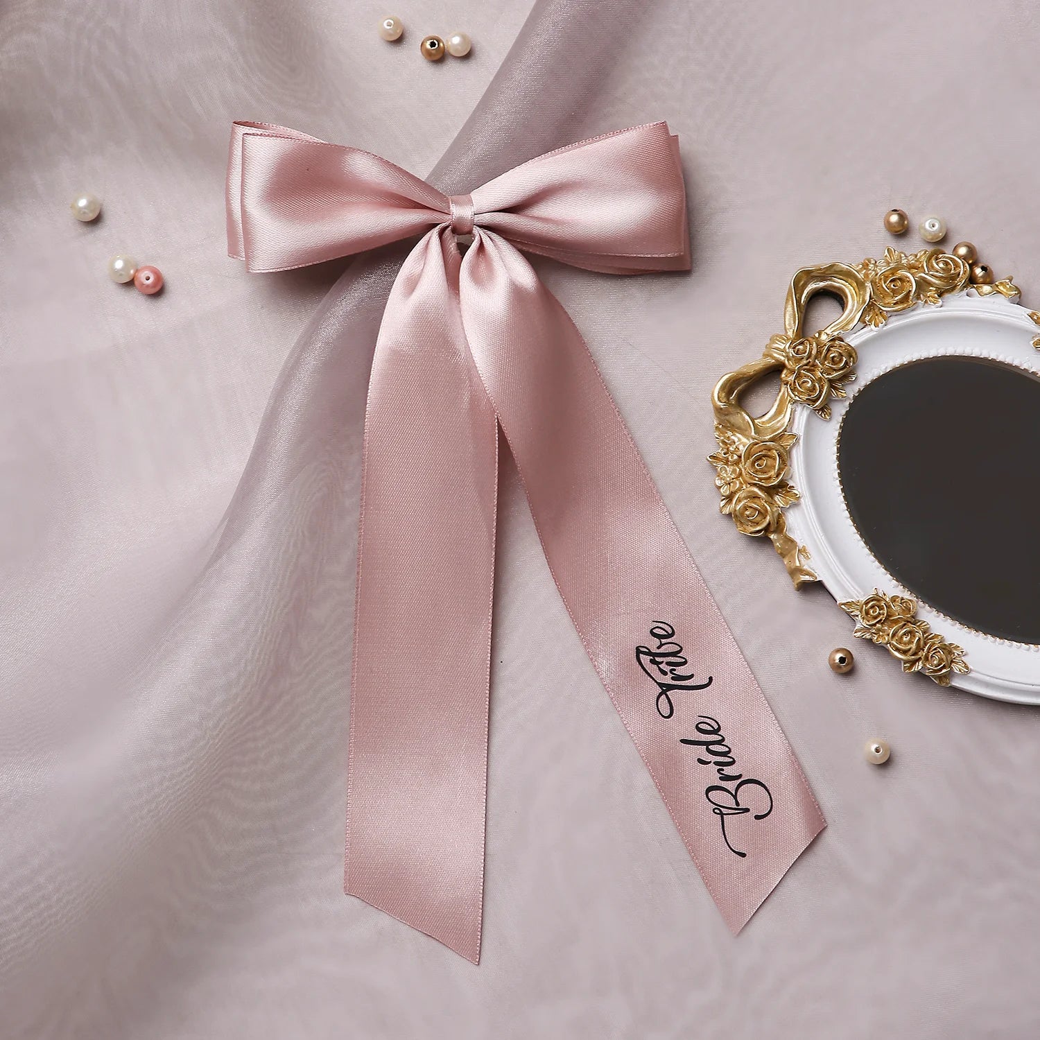 Satin Silk Long Tail BRIDE TRIBE Hair Bow | Wedding Printed Bows | Bridesmaid Bows