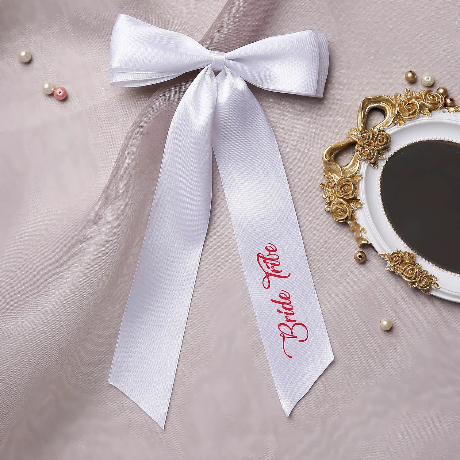 Satin Silk Long Tail BRIDE TRIBE Hair Bow | Wedding Printed Bows | Bridesmaid Bows