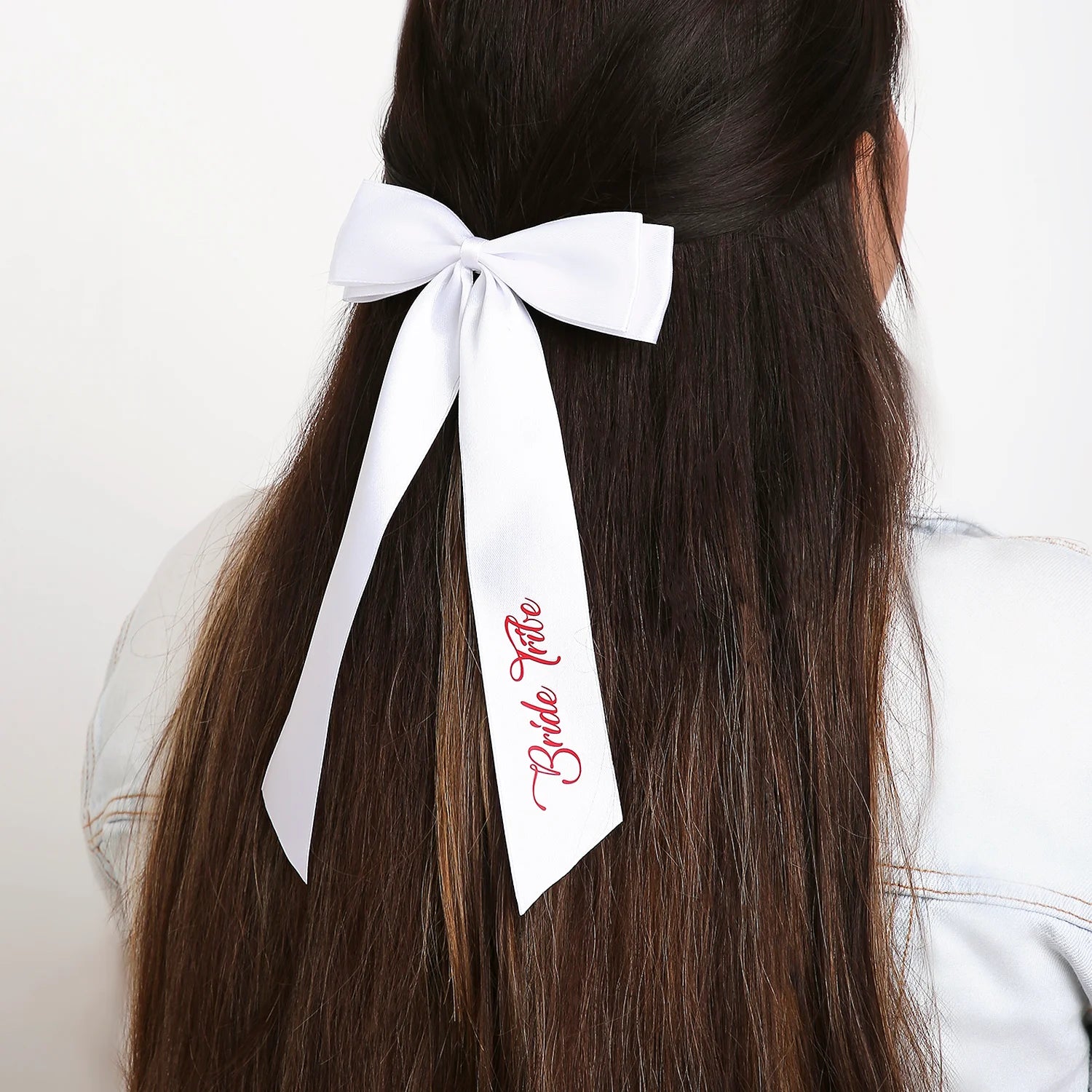Satin Silk Long Tail BRIDE TRIBE Hair Bow | Wedding Printed Bows | Bridesmaid Bows