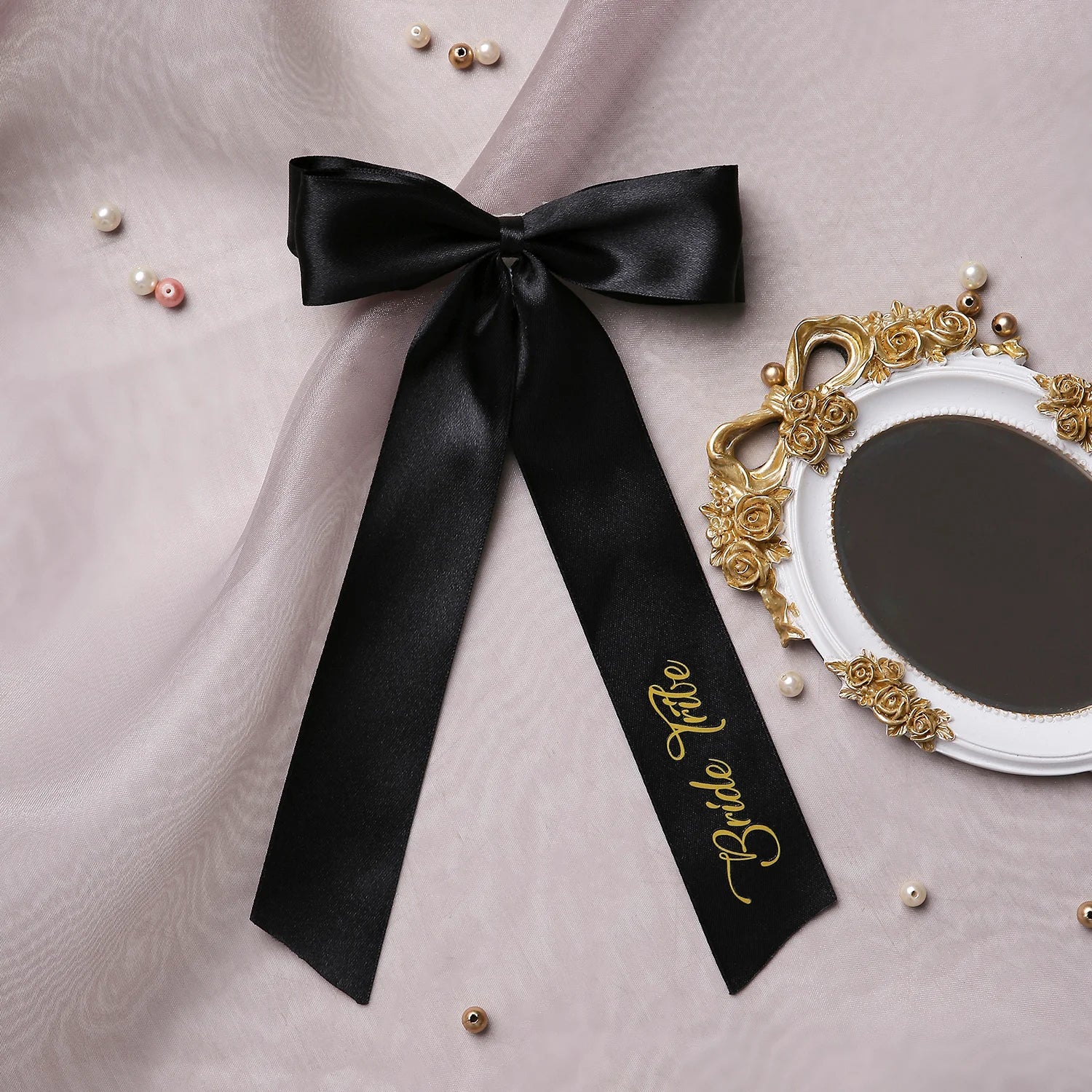 Satin Silk Long Tail BRIDE TRIBE Hair Bow | Wedding Printed Bows | Bridesmaid Bows
