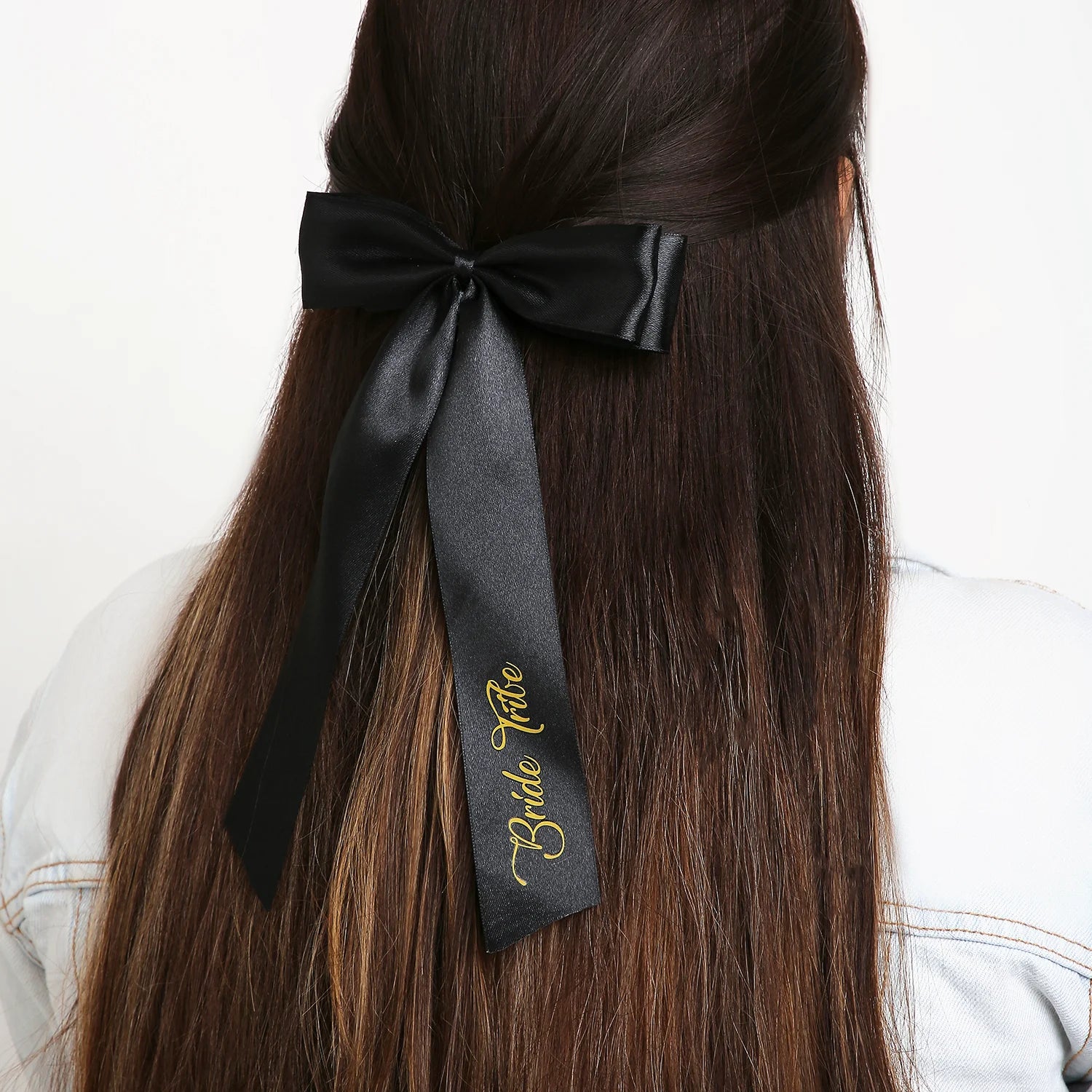 Satin Silk Long Tail BRIDE TRIBE Hair Bow | Wedding Printed Bows | Bridesmaid Bows