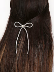 Pearl Embellished Long Tail Silver Rhinestone Hair Bow For Women [ABW121]