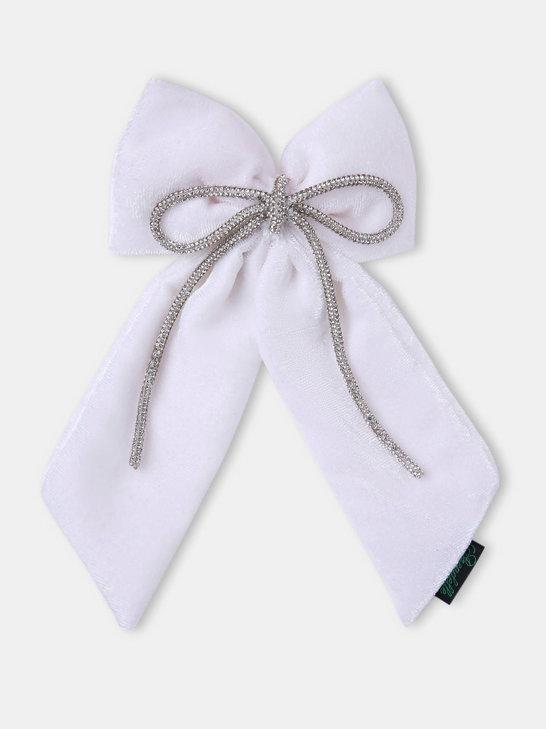 Velvet PigTail Hair Bow With Rhinestone Cord In White For Girls [ABW124]