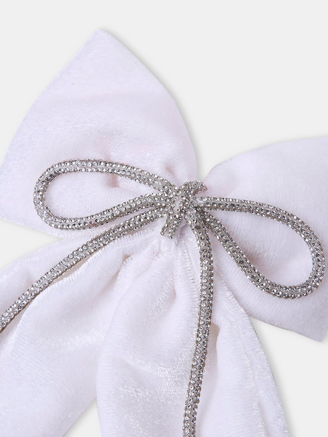 Velvet PigTail Hair Bow With Rhinestone Cord In White For Girls [ABW124]