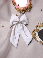 Velvet PigTail Hair Bow With Rhinestone Cord In White For Girls [ABW124]