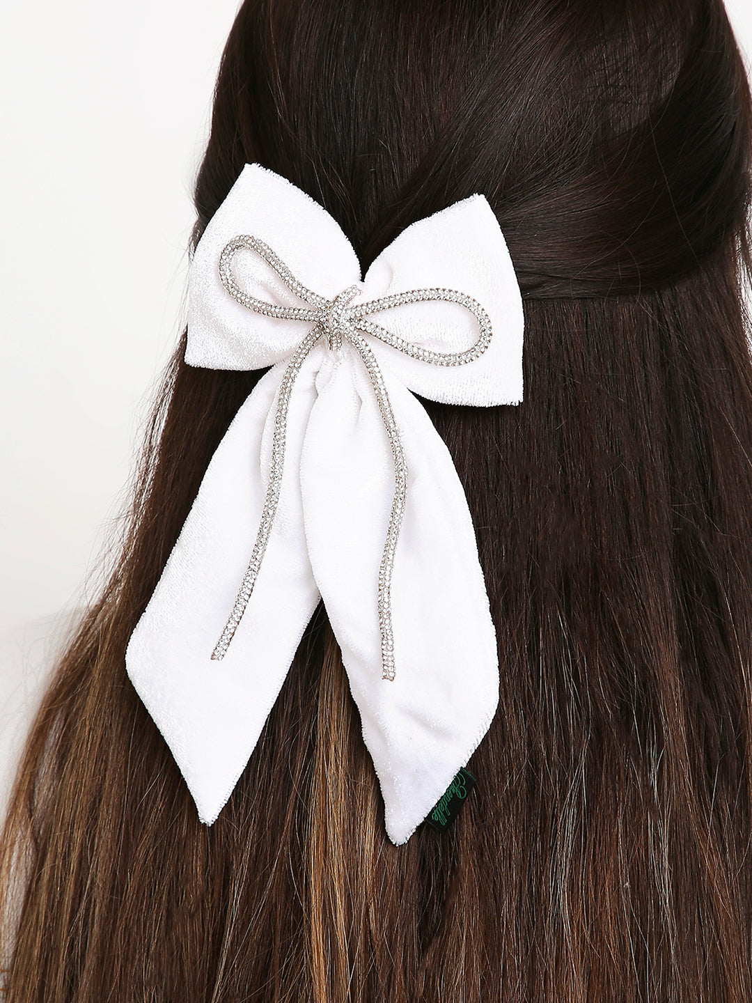 Velvet PigTail Hair Bow With Rhinestone Cord In White For Girls [ABW124]