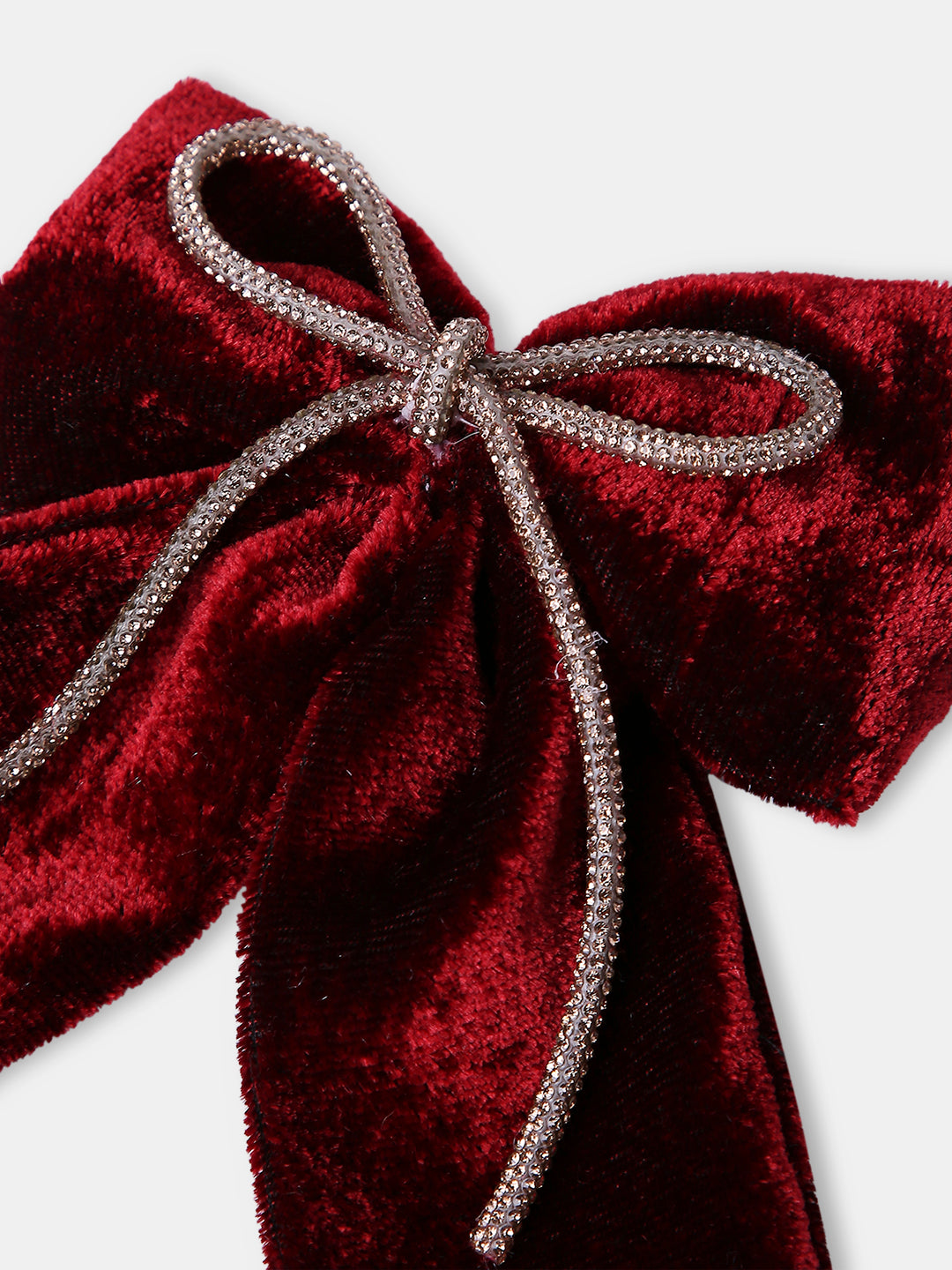 Velvet PigTail Hair Bow With Rhinestone Cord In Maroon For Girls [ABW125]