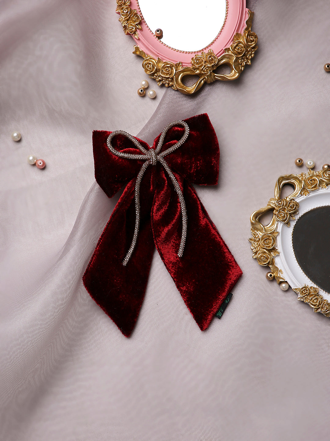 Velvet PigTail Hair Bow With Rhinestone Cord In Maroon For Girls [ABW125]