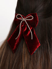 Velvet PigTail Hair Bow With Rhinestone Cord In Maroon For Girls [ABW125]