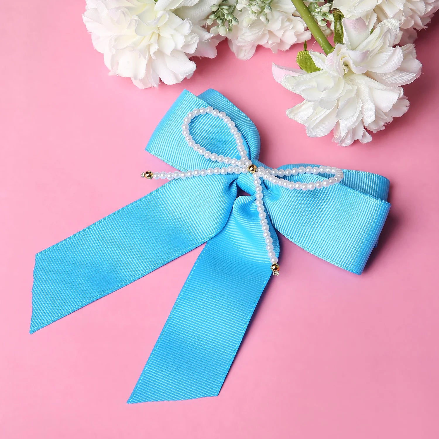 Pearl Beaded Grosgrain Ribbon Pigtail Hair Bow