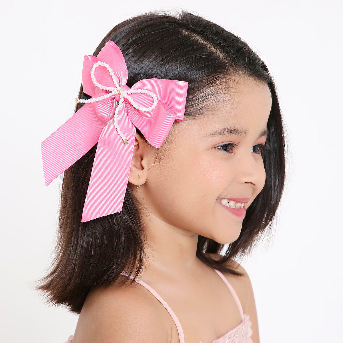 Pearl Beaded Grossgrain Ribbon Pigtail Hair Bow in Pink For Girls [ABW128]