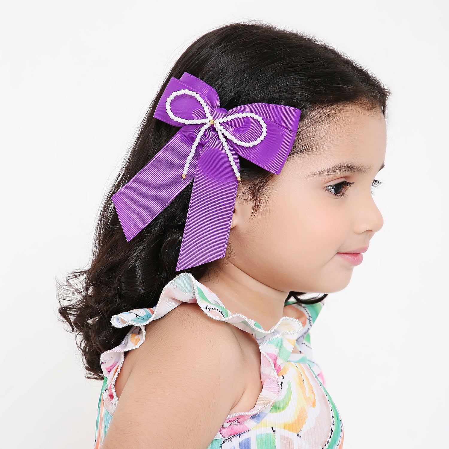 Pearl Beaded Grossgrain Ribbon Pigtail Hair Bow in Pink For Girls [ABW128]