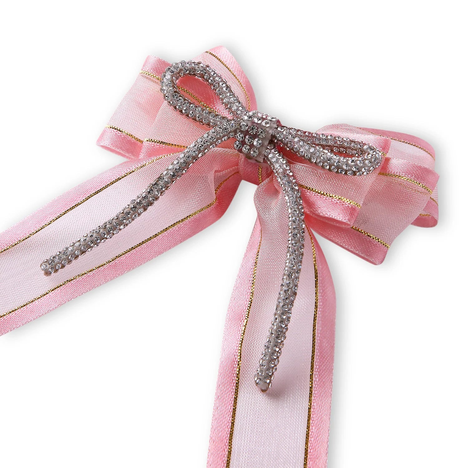 Shiny Organza Pigtail Hair Bow In Rose pink with Rhinestone Cord [ABW130]