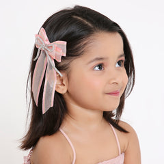 Shiny Organza Pigtail Hair Bow In Rose pink with Rhinestone Cord For Girls [ABW130]