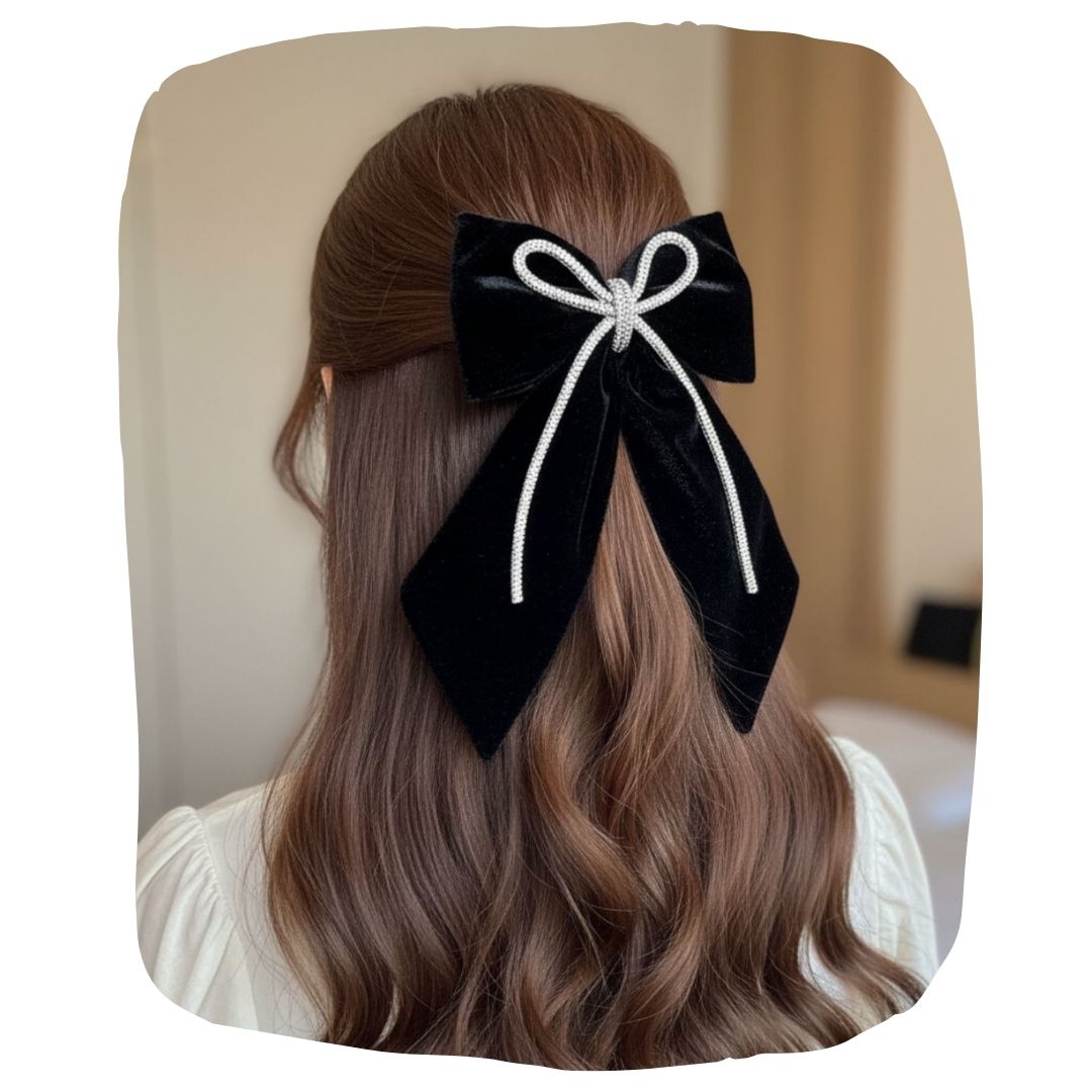 Girls Black Velvet Hair Bow with Rhinestone Cord