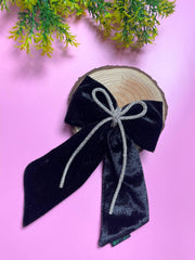 Girls Black Velvet Hair Bow with Rhinestone Cord