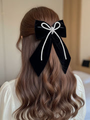 Girls Black Velvet Hair Bow with Rhinestone Cord
