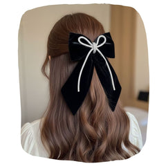 Girls Black Velvet Hair Bow with Rhinestone Cord