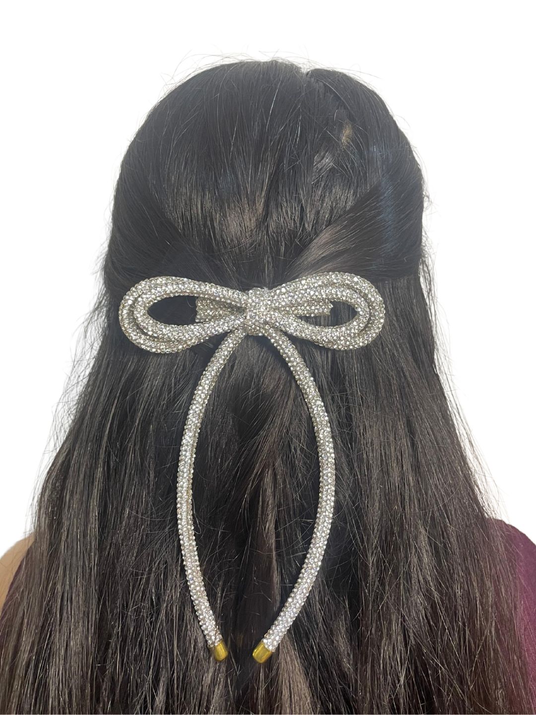 Long Tail Double Layered Rhinestone Cord Hair Bow For Girls