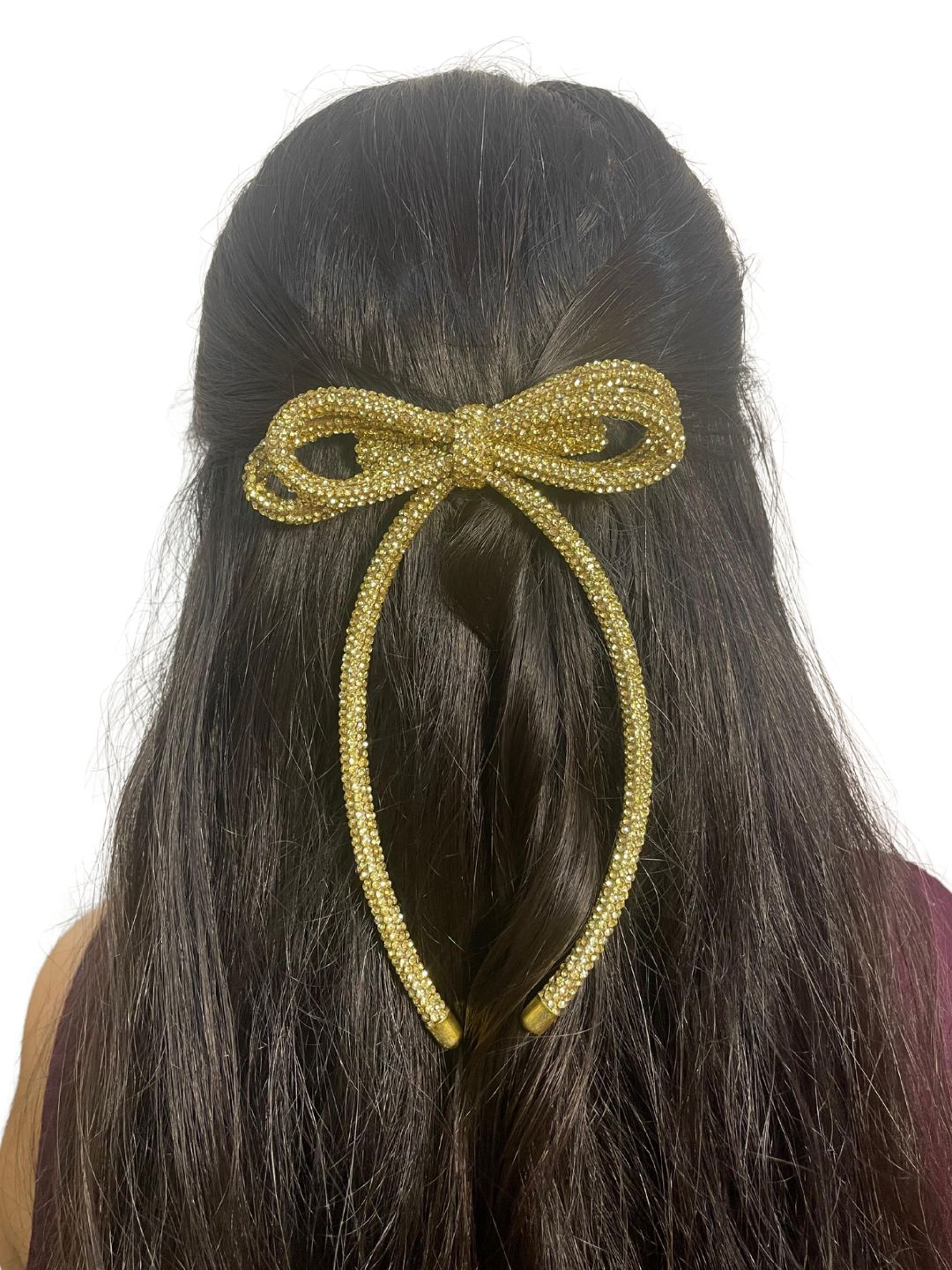 Long Tail Double Layered Rhinestone Cord Hair Bow For Girls