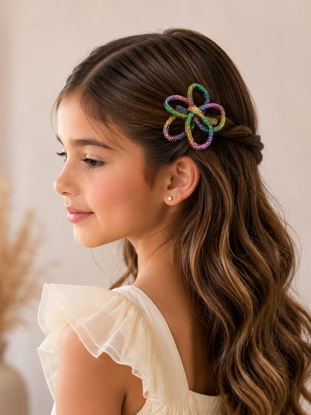 Flower Shaped Rhinestone Bow Knot Hair Clip For Girls