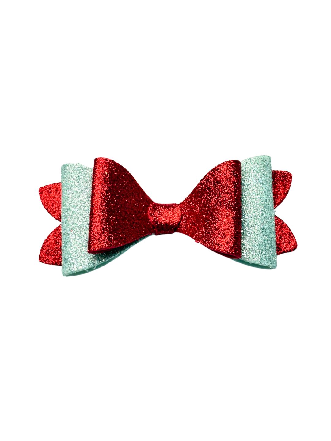 Festive Hair Bow in red and silver glitter for girls, perfect Christmas accessory for kids aged 3 to 12 years.