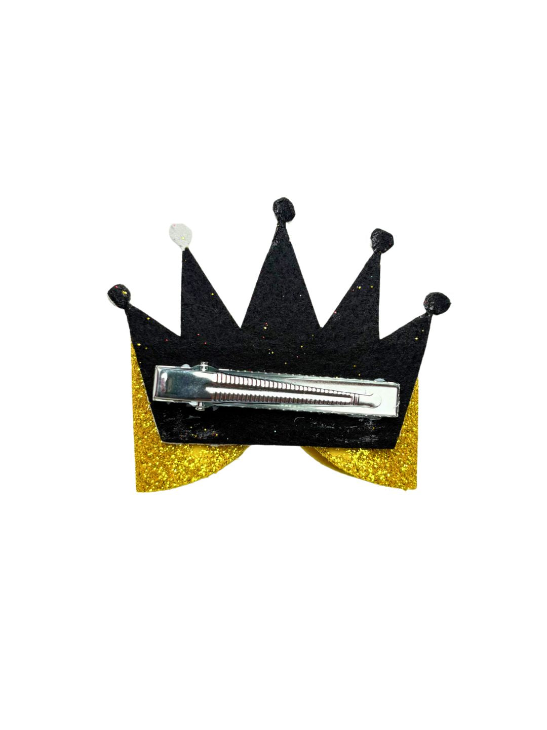 Back view of Christmas Glitter Princess Crown Hair Bow showing secure alligator clip for soft hold and easy styling for girls' hair.