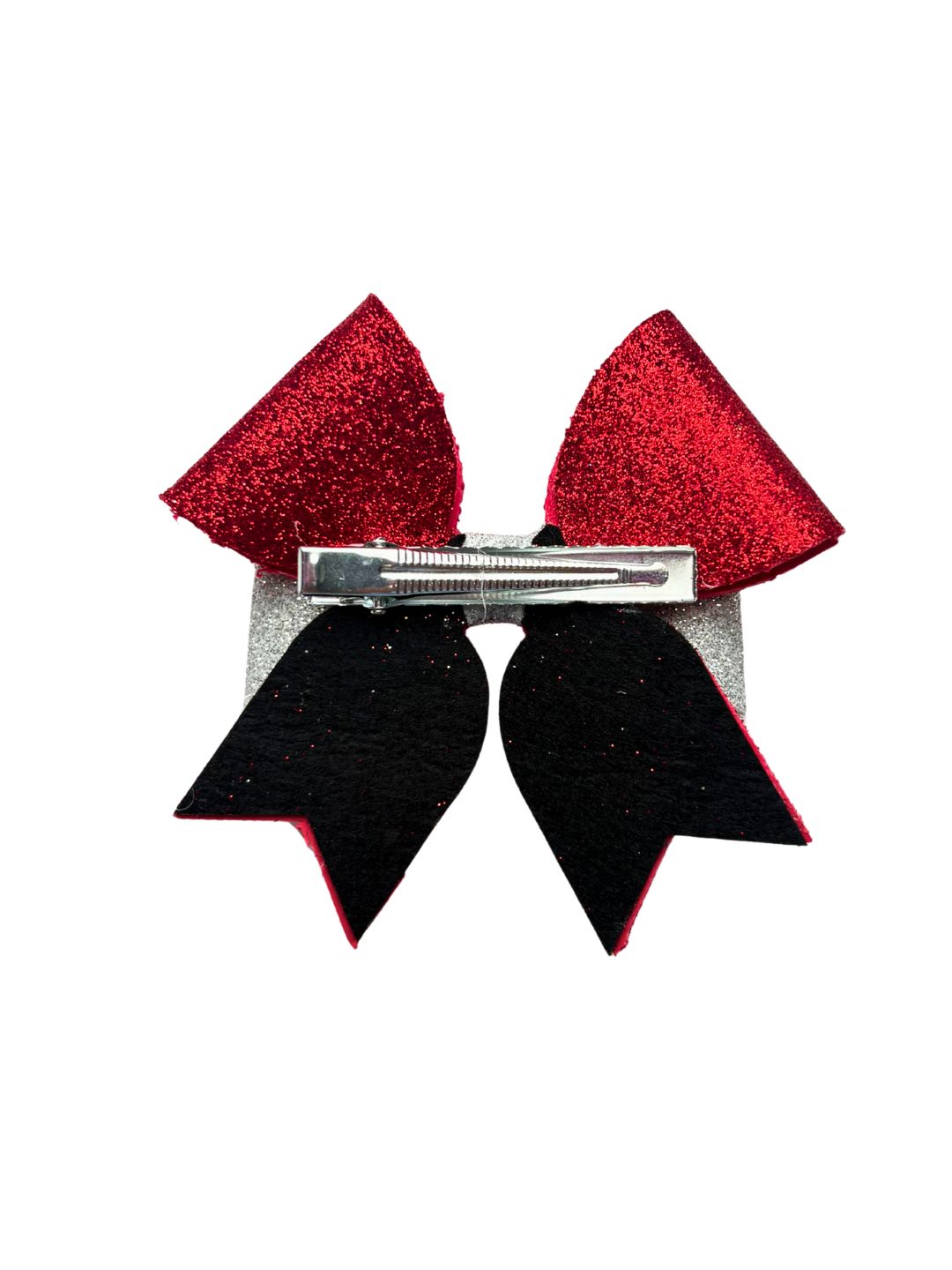 Back view of Christmas glitter hair bow for girls showing secure alligator clip. Ideal for ages 3 to 12, easy to attach to any hairstyle.
